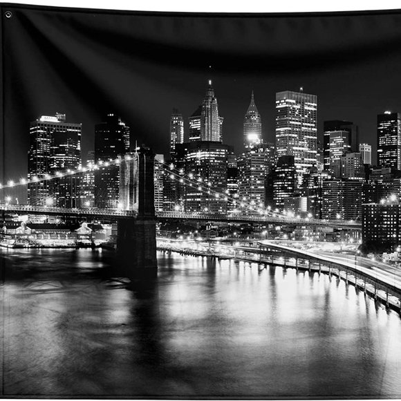 Black White Brooklyn Bridge New York Skyline Cityscape Skyscraper Tapestry Decor - Picture 5 of 6